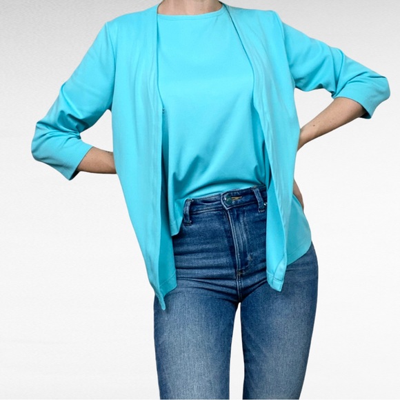 TTC 3pc Set Aqua Turquoise Open Front Cardigan Matching Striped/Solid Tank Tops - Picture 2 of 16